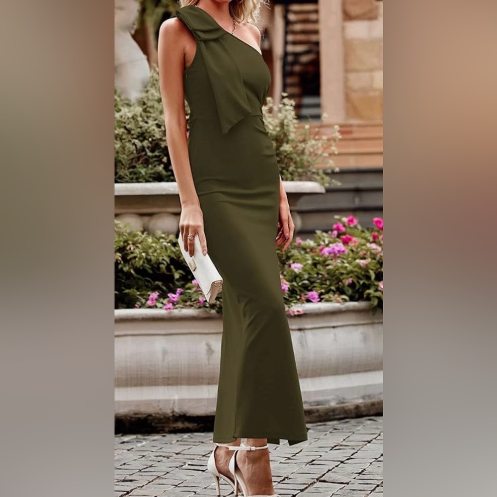 Chic One-Shoulder Olive Dress Bow Detail Size Med